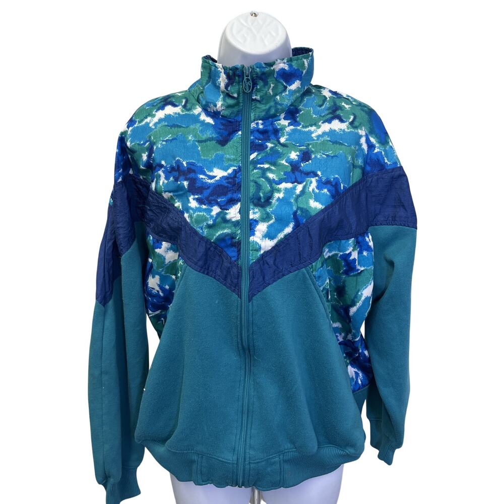 Lavon by Cheerful Corp Blue Teal Colorblock Zip Jacket Windbreaker Retro